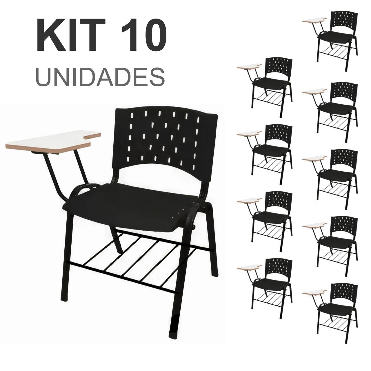KIT 10 Cadeiras Universitárias PRETA com porta livros REALPLAST – 32011