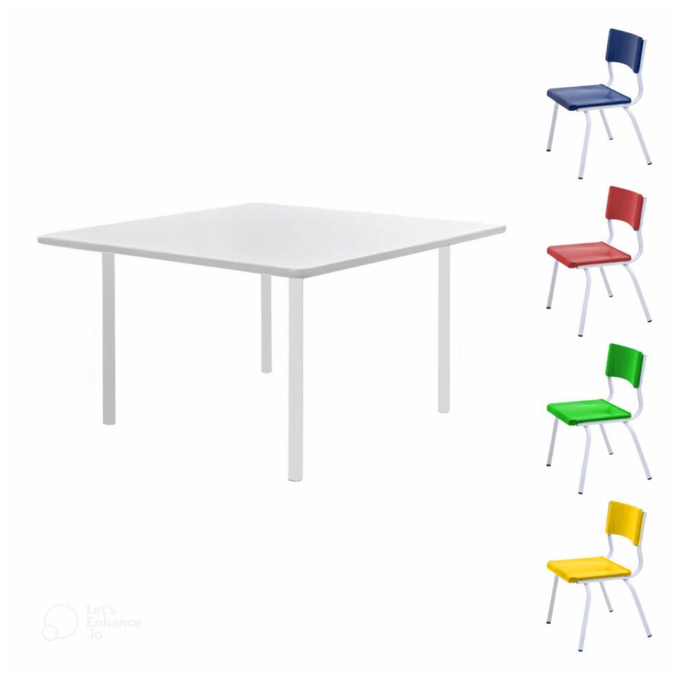 Conjunto Quadrado c/ 04 Cadeiras COLORIDO – TAMPO BRANCO – 06 a 09 Anos – INFANTO JUVENIL – REALPLAST – 41096