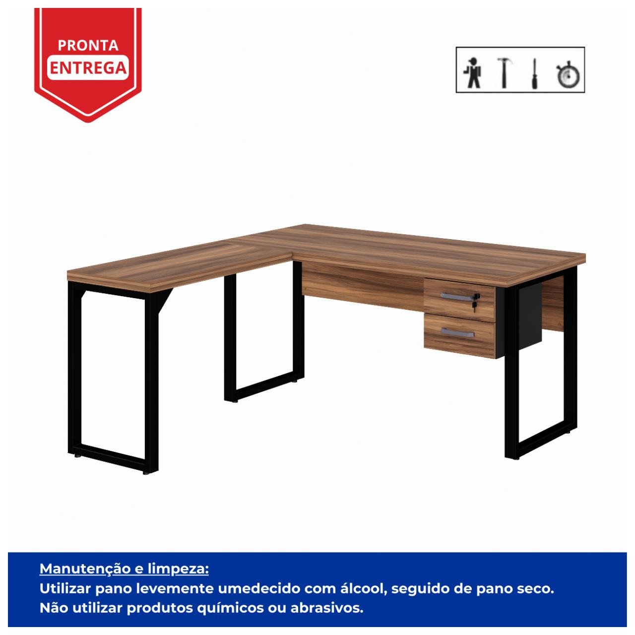 Mesa em L PÉ QUADRO (Mesa 1,50m + Mesa Auxiliar) – C Gavetas NOGAL SEVILHAPRETO – 24477 — foto 2