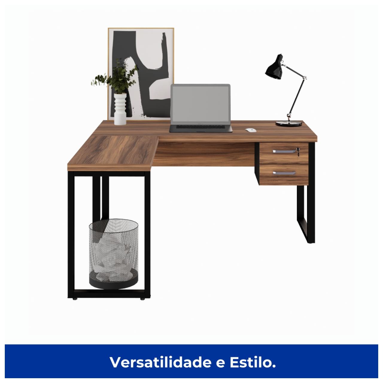 Mesa em L PÉ QUADRO (Mesa 1,50m + Mesa Auxiliar) – C Gavetas NOGAL SEVILHAPRETO – 24477 — foto 3