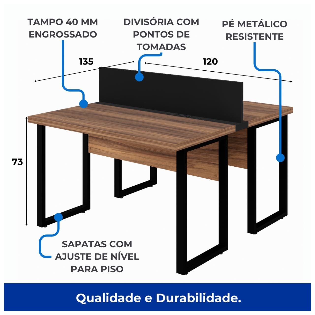 Estação de Trabalho Dupla 1,20×1,35m 02 Lugares s/ Gavetas c/ ponto de tomada PÉ QUADRO – Cor Nogal Sevilha – 63096 — foto 3