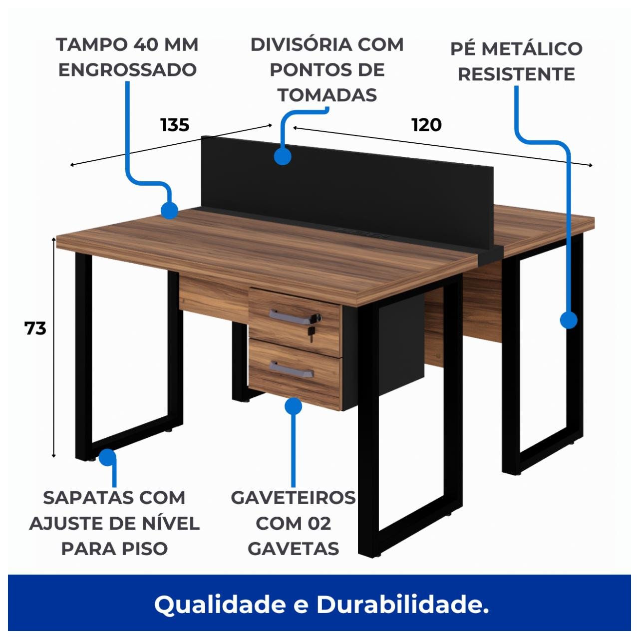 Estação de Trabalho Dupla 1,20×1,35m 02 Lugares c/ Gavetas c/ ponto de tomada PÉ QUADRO – Cor Nogal Sevilha – 63097 — foto 6